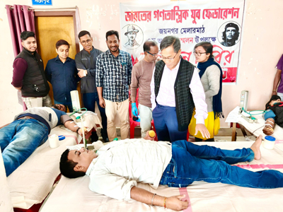 Opposition Leader Jitendra Choudhary joined a blood donation camp organised by DYFI Joynagar local committee at Agartala on December 7.